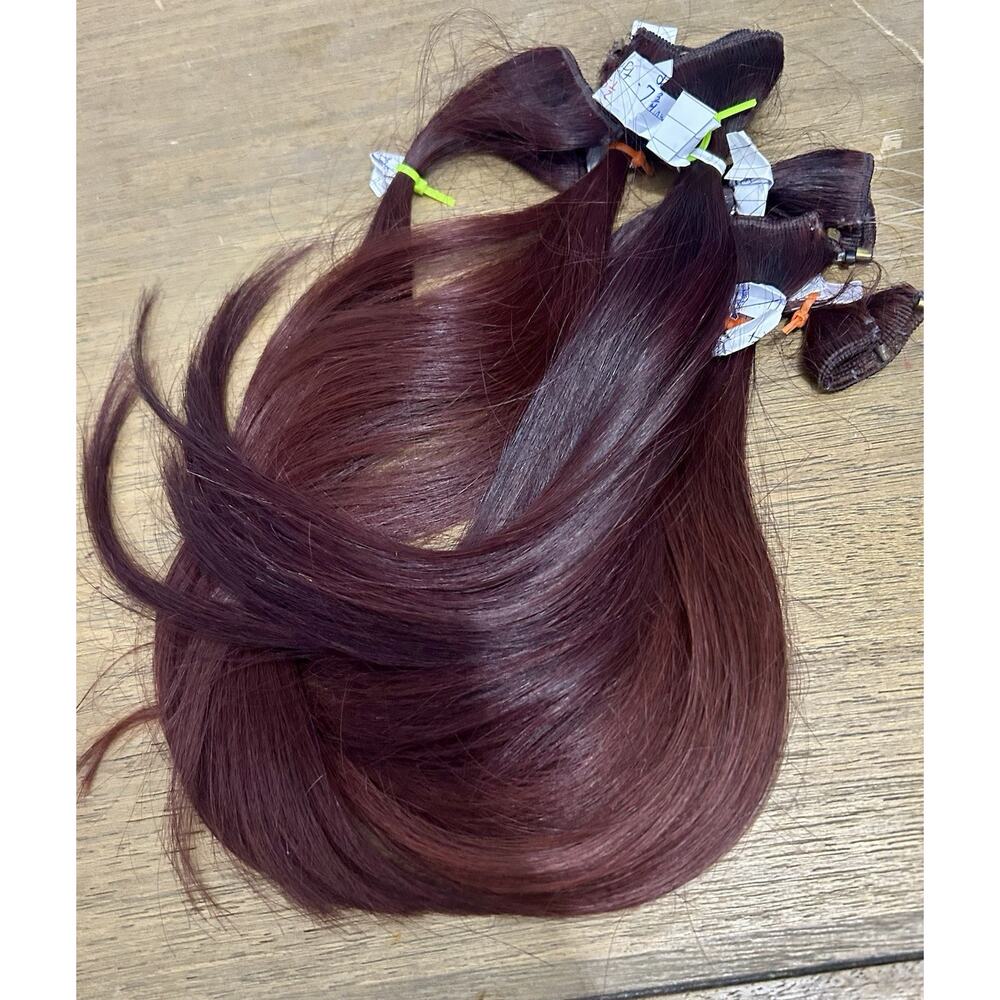 Beaded 30” Machine-tied weft extension 93g Remy Human Hair Dark Red/ burgany 14”